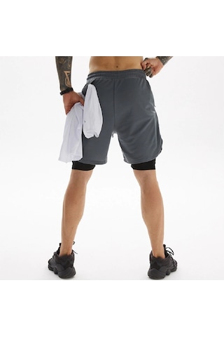 Mooly Unisex Koşu Ve Antrenman Sporcu Şortu 2 In 1 Açık Gri