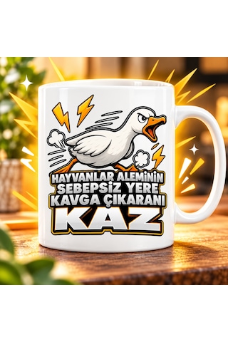Kırmızı Kurplu Kupa - Hayvanlar Aleminin Sebepsiz Yere Kavga Çıkaranı Kaz Baskılı Porselen Kupa Bard