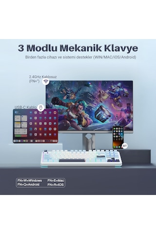 Aula F87 Pro Mekanik Rgb Tkl Graywood V3 Switch Kablosuz Makrolu Hot Swap Klavye Açık Mavi