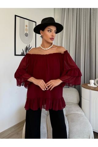 Lodmela Yaka Lastikli Şifon Bluz 6022-Bordo
