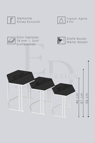 Tokyo 3'lü Zigon Sehpa Siyah Metal - Beyaz Mermer Tabla