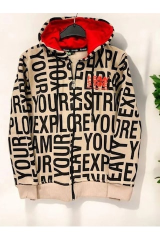 Erkek Çocuk Harf Baskılı Şardonlu Kapüşonlu Hırka-14808 Bej