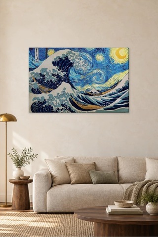 Fida Yıldızlı Gece İle Büyük Dalga Buluşması Canvas Tablo Çok Renkli