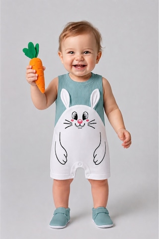 Babyden's Erkek Bebek Tavşan Desenli Yazlık Tulum Fitilli Pamuklu Kolsuz Bebek Tulumu Çıtçıtlı Romper 0-9 Ay Haki