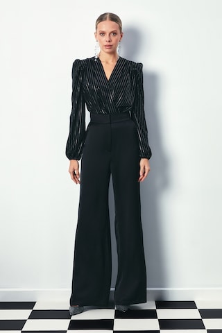 Sateen Parlak Çizgili Bodysuit Bluz - Siyah