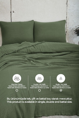 %100 Pamuk Müslin Yatak Örtüsü Tek Kişilik 4 Katlı Battaniye 2 Parça Müslin Pike Seti Yeşil Yeşil