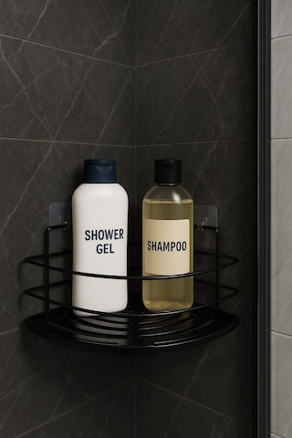 Krom Yapışkanlı Üçgen Tek Katlı Banyo Ve Mutfak Rafı Duş Şampuanlık Duvar Düzenleyici Organizer Siyah