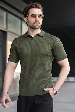 Madmext Haki Slim Fit Polo Yaka Triko Erkek Tişört E7472 Haki
