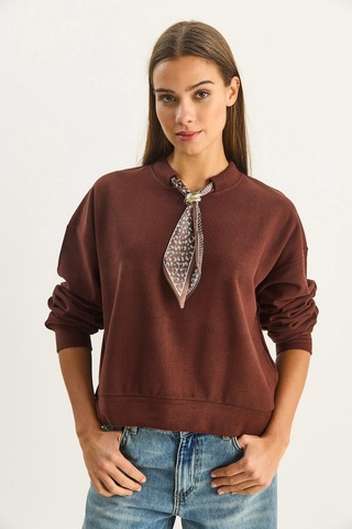 Shade Kadın Fular Detaylı Pamuklu Ottoman Sweatshirt 6931 60283689 - Acı Kahve Çok Renkli