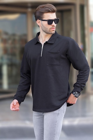 Madmext Siyah Polo Yaka Fermuarlı Uzun Kollu Erkek Sweatshirt 7057 Siyah
