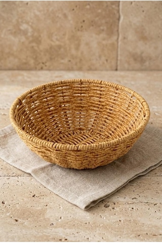 Yıkanabilir Rattan Yuvarlak Ekmek Sepeti 20.5 Cm - Metal İskeletli Hasır Banyo Ve Mutfak Sepeti Kahverengi