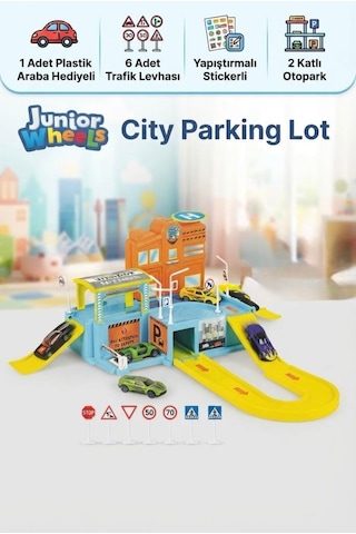 Junior Wheels Şehir Otoparkı 2 Katlı Oyuncak Araba Otopark Seti 1 Araç Ve 6 Trafik Levhası Hediyeli Çok Renkli