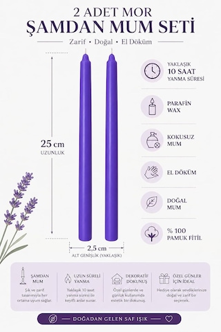 2'li Mor Şamdan Mum Seti 25 Cm Dekoratif İnce Şamdan Mum, Kokusuz Parafin Wax,%100 Pamuk Fitil, El Döküm, Uzun Diğer