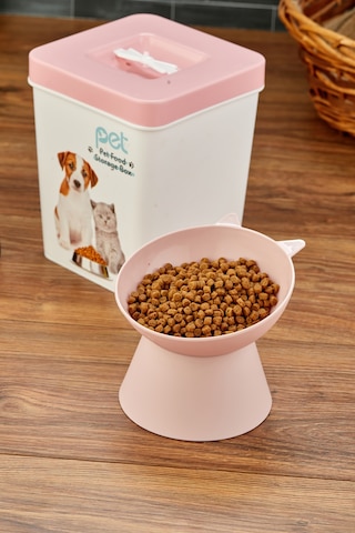 Evcil Hayvan Kedi Ve Köpek Mama Saklama Kabı & Mama Kabı Seti Kürek Hediyeli 3'lü Set - Pembe
