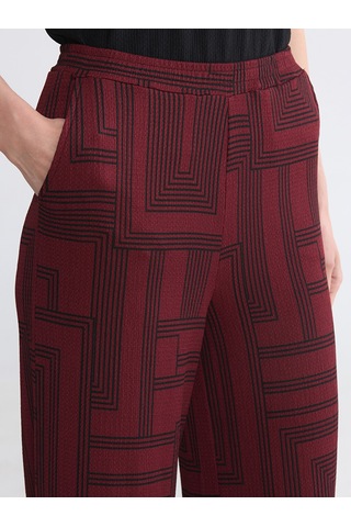 Lcw Everyday Bordo Beli Lastikli Geometrik Desenli Kadın Pantolon