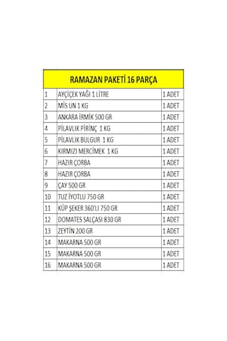 Ramazan Erzak Yardım Paketi Kumanya Kolisi 16'lı Set