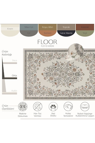 Cool Halı Floor Krem Çiçek Desenli Salon Oturma Odası Dört Mevsim Vintage Halı Robot Süpürge Uyumlu