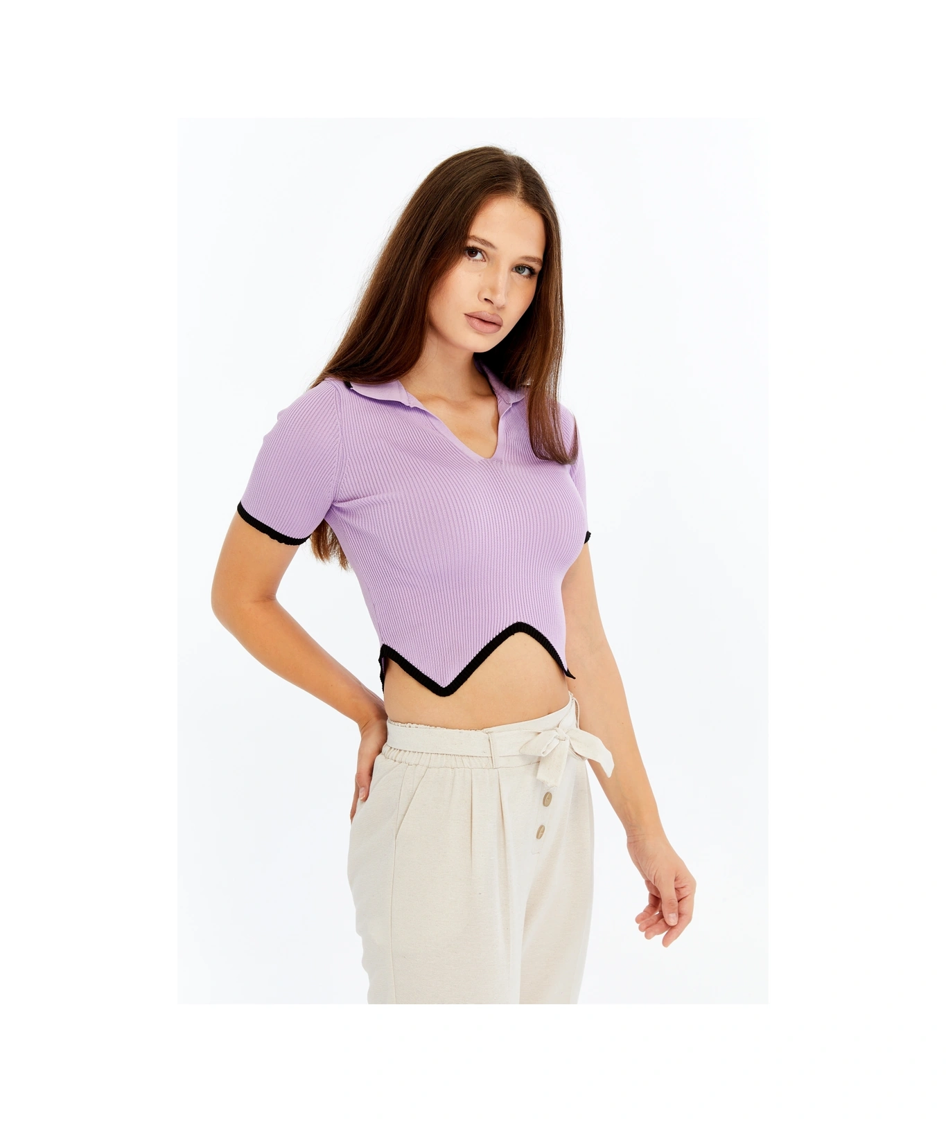 Kadın Polo Yaka V Yaka Triko Crop Bluz Asimetrik Kesim Kısa Kollu Mor