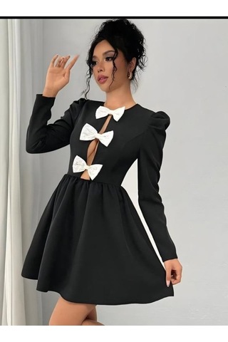 Tua Moda Kadın Dalgıç Kumaş Fiyonk Detaylı Uzun Kollu Mini Boy Elbise Siyah