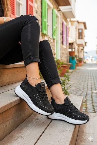Guja 26y301 Rahat Taşlı Tekstil Günlük Spor Sneaker Kadın Ayakkabı Siyah