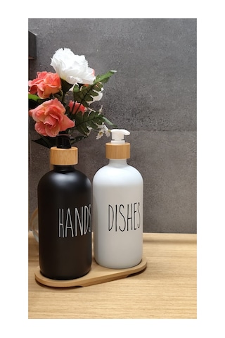 2 Li Siyah-beyaz Mutfak Sıvı Sabunluk Seti 500ml Bambu Tepsili