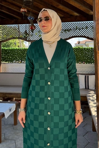 Rabia Şamlı Dama Desenli Triko Hırka Zümrüt Normal