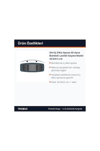 Trobus Oto İç Dikiz Aynası Ek Ayna Bombeli Lastikli Geçme Model 30,5x9,5 Cm