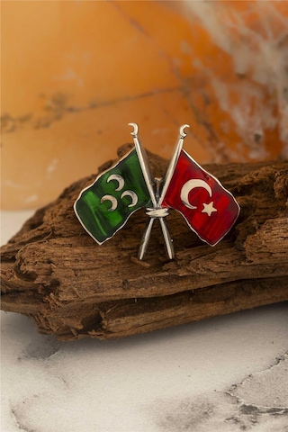 Mineli Osmanlı Ve Türk Bayraklı Gümüş Rozet -5867 Gümüş