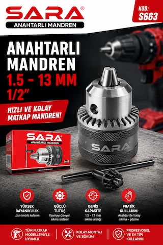 Sara Anahtarlı Mandren Tüv Süd Onaylı 1.5-13 Mm Ebat : 1/2 Kodu : S 663