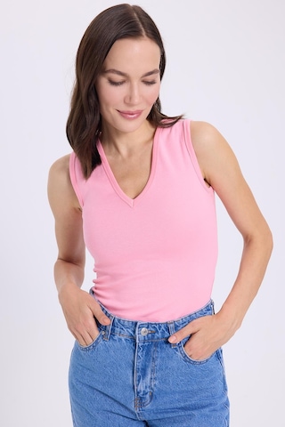 Tudors Kadın Slim Fit Dar Kesim V Yaka Sıfır Kol Pamuklu Ribanalı Pembe Bluz-38837 Pembe