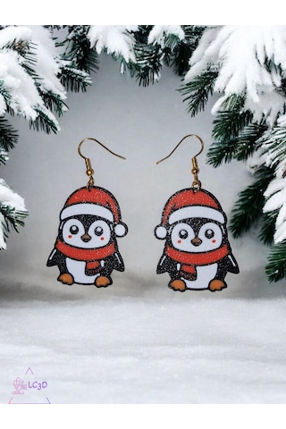 Noel Şapkalı Penguen Yılbaşı Küpe Çifti - Sevimli Hayvan Temalı Neşeli Kış Aksesuarı Siyah