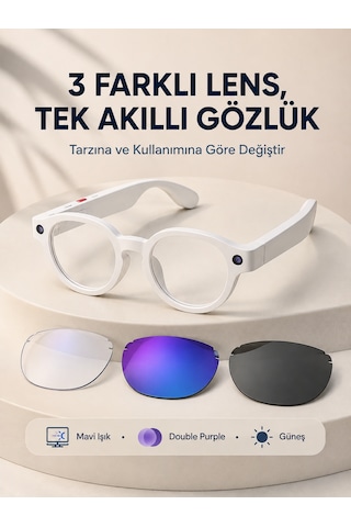 Beyaz Akıllı Kamera Gözlüğü Fotoğraf Video Çekimli Yapay Zeka Destekli Bluetooth Çoklu Dil Çeviri 3 Lensli - B