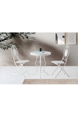 Ferforje Masa Sandalye Balkon Takımı Beyaz 1 Masa 2 Sandalye 60cm
