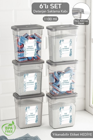 6'lı Etiketli Deterjan Saklama Kabı Seti - Hava Geçirmez Kapaklı Saklama Kutusu - 6 X 1100 Ml Gri