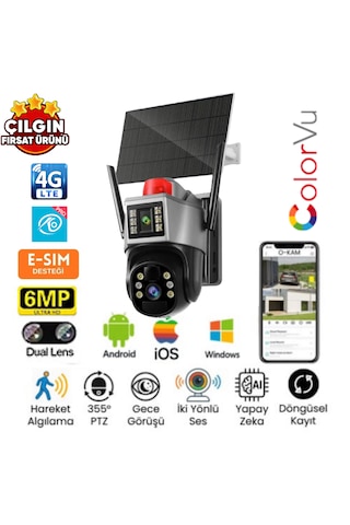 O-kam 7015 3mp+3mp 6mp 4g E-sim Kartlı Solar Panelli 2 Lens Alert Ptz