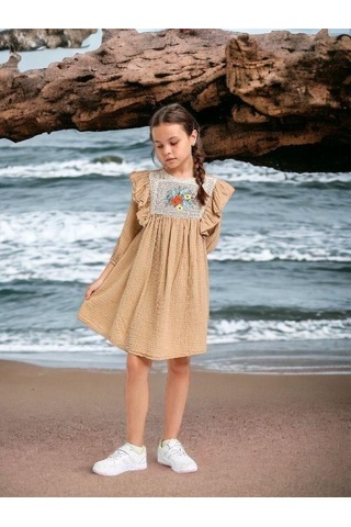 Kız Çocuk Pamuklu Çiçek Dantelli Turvakar Kol Elbise-12661-camel Camel