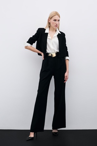 Sateen Pileli Krep Pantolon - Siyah