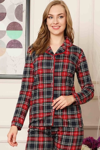 Farya Home Dreamy Ekoseli Pamuklu Biyeli Uzun Kollu Gömlek Pijama Takımı Siyah Kırmızı Siyah - Bordo