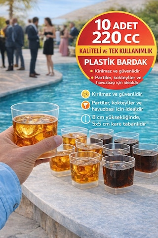 10'lu Set Viski, Meşrubat Kare Plastik Bardak 220 Cc