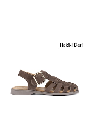 Gönderir Kadın Koyu Vizon Süet Tokalı Bantlı Burnu Kapalı Hakiki Deri Sandalet Dyza75645058