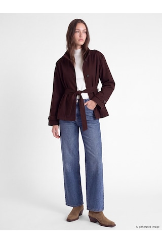 Lcw Modest Bordo Dik Yaka Kuşaklı Oversize Kadın Trençkot