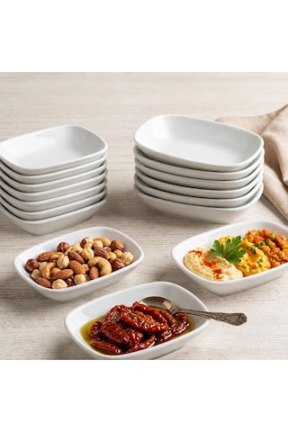 Gürallar Porselen 6+6 Ad 12 Ve 14 Cm Kare Kayık Kahvaltılık Mezelik Çerezlik 12 Parça Beyaz
