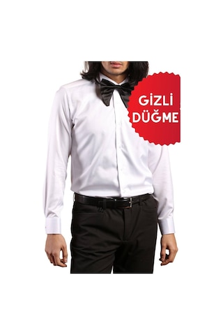 Dicotto Beyaz Gizli Pat Damatlık Ata Yaka Kol Düğmeli Slim Fit Smokin Gömlek - 001 001
