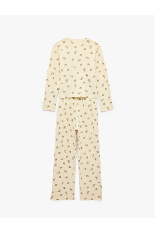 Koton Rahat Kalıp Bisiklet Yaka Uzun Kollu Baskılı Pijama Takımı Ekru 7wlk40346mk