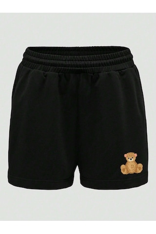 Ayıcık Penye Şort - Siyah Baskılı Kısa Kordonsuz Siyah