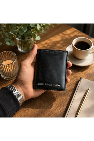 Bk Gift Kişiye Özel Siyah Deri Dikey Cüzdan Kartlık Ve Şeffaf Kimlik Bölmeli Model