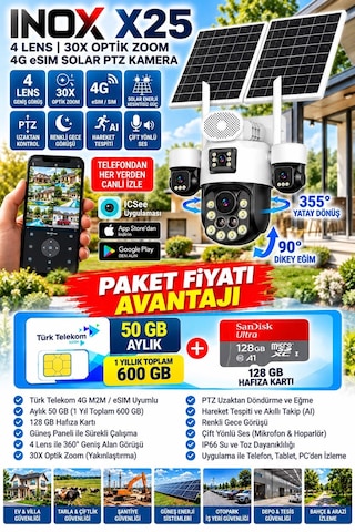 İnox X25 4 Lensli 30x Optik Zoom 4g Esım Solar Ptz Kamera 50gb Aylık Hat + 128gb Hafıza Kartı