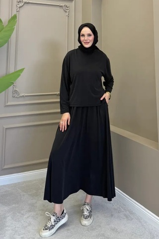Balenbi Kadın Modal Kumaş Rahat Kalıp Lastikli Bel Etekli Tesettür Takım 1221 - Premium Seri Siyah
