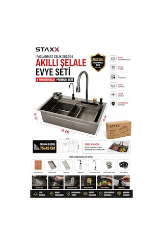 Staxx 2senew Sus304 Akıllı Şelale Evye İstasyonu 75x45 Cm 8 Fonksiyon Premium Ankastre Mutfak Evye Antrasit Gri
