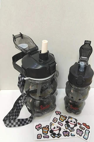 2adet Ayıcık Siyah Şeffaf Su Matarası 1000+400ml Çocuk Su Şişesi Pipetli Sızdırmaz Kapaklı Suluk Se Açık Siyah